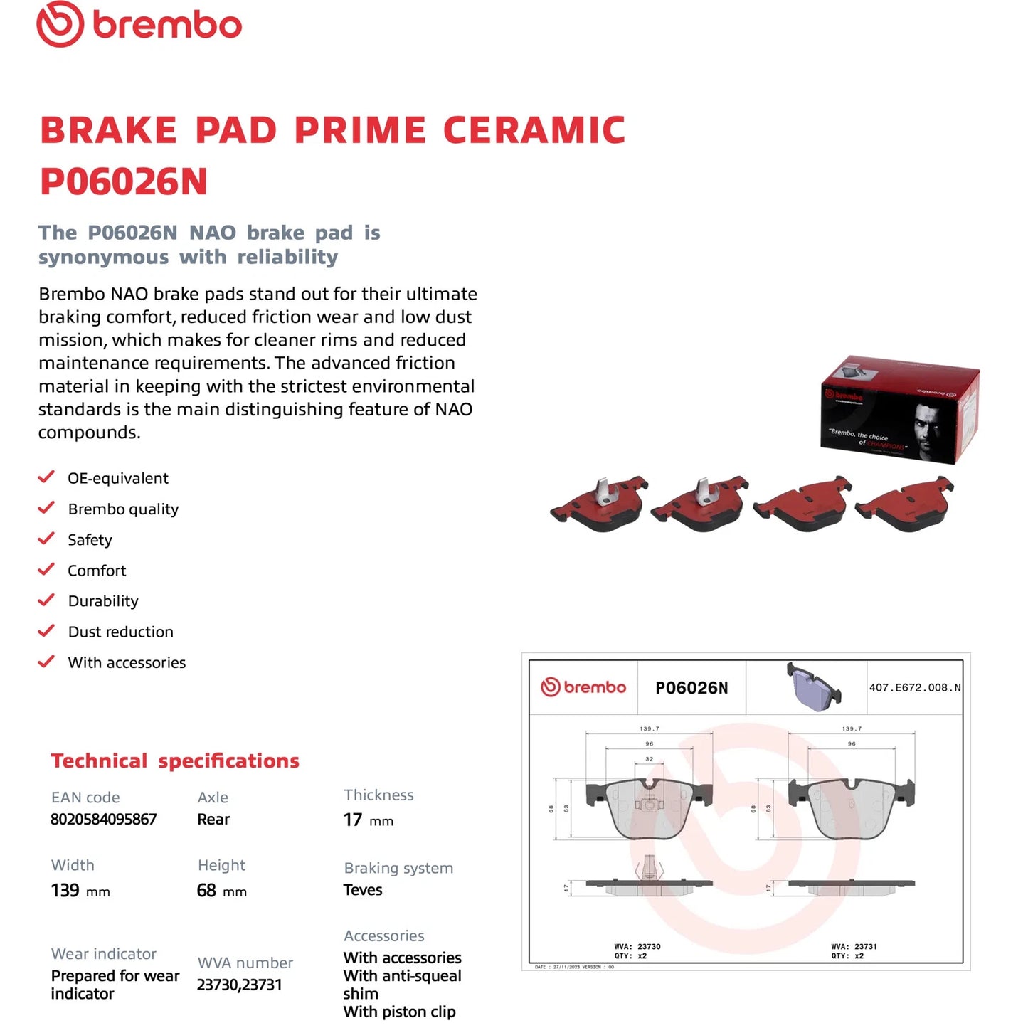Brembo OE Premium NAO Ceramic Rear Brake Pads | BMW 1 Series M / M3 / M5 / M6 (11-18) (P06026N)