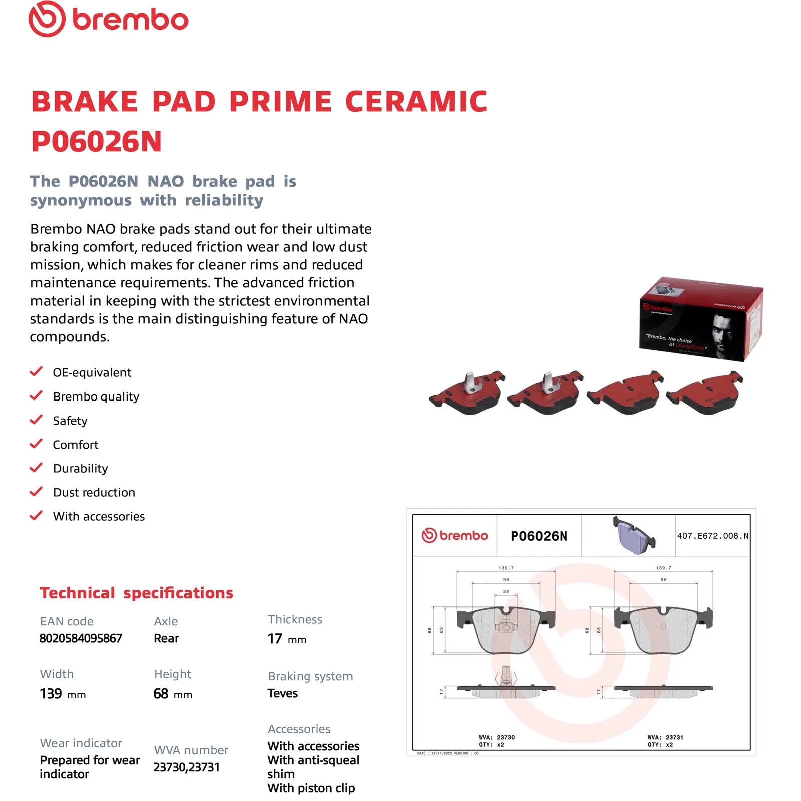 Brembo OE Premium NAO Ceramic Rear Brake Pads | BMW 1 Series M / M3 / M5 / M6 (11-18) (P06026N)