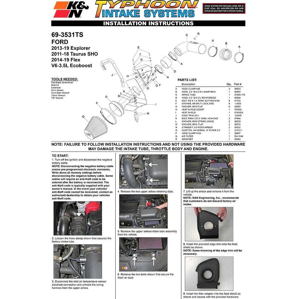 K&N Engineering Silver Typhoon Cold Air Intake: Ford Taurus SHO 3.5L V6 2011