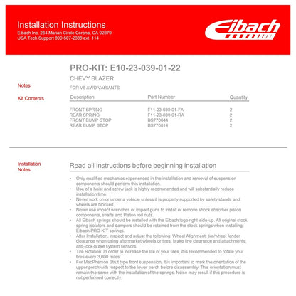 Eibach Pro-Kit Lowering Springs for 2019-2023 Chevrolet BLAZER 3.6L V6 SUV AWD