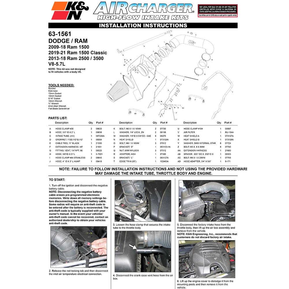 K&N 09-10 Dodge Ram 1500 PickUp V8-5.7L AirCharger Performance Intake | Dodge Ram 1500 (09-10) (63-1561)