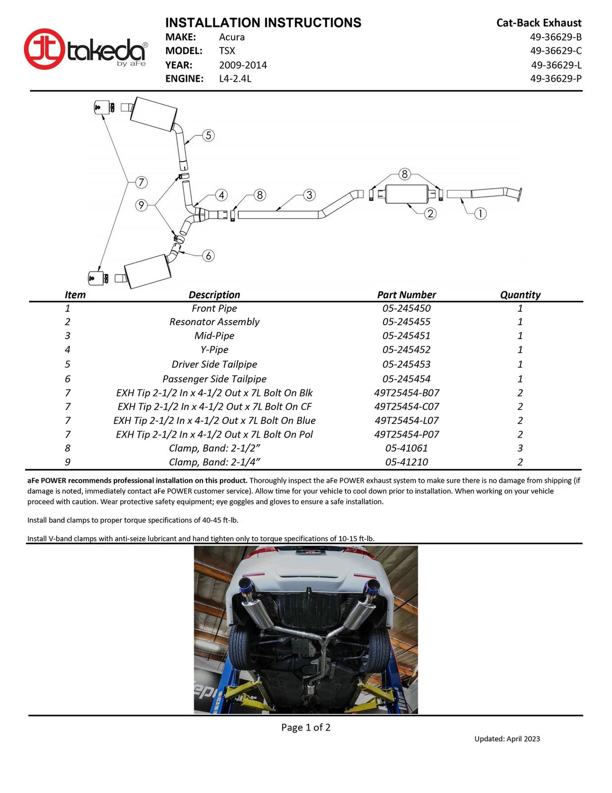 aFe 2-1/4in to 2-1/2in Cat-Back Exhaust System | Acura TSX (09-14) w/ BlueFlame Tip (49-36629-L)