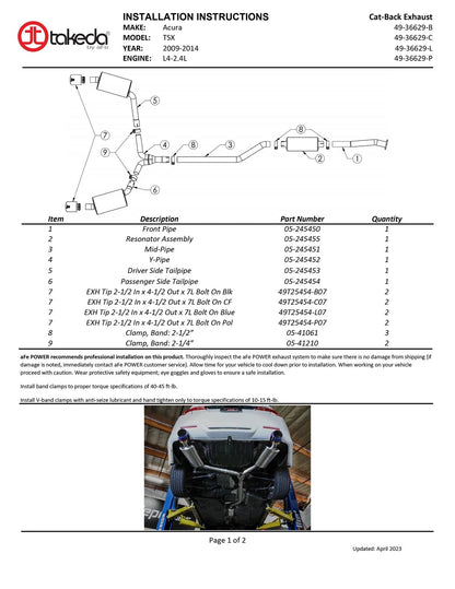 aFe 2-1/4in to 2-1/2in Cat-Back Exhaust System | Acura TSX (09-14) w/ BlueFlame Tip (49-36629-L)
