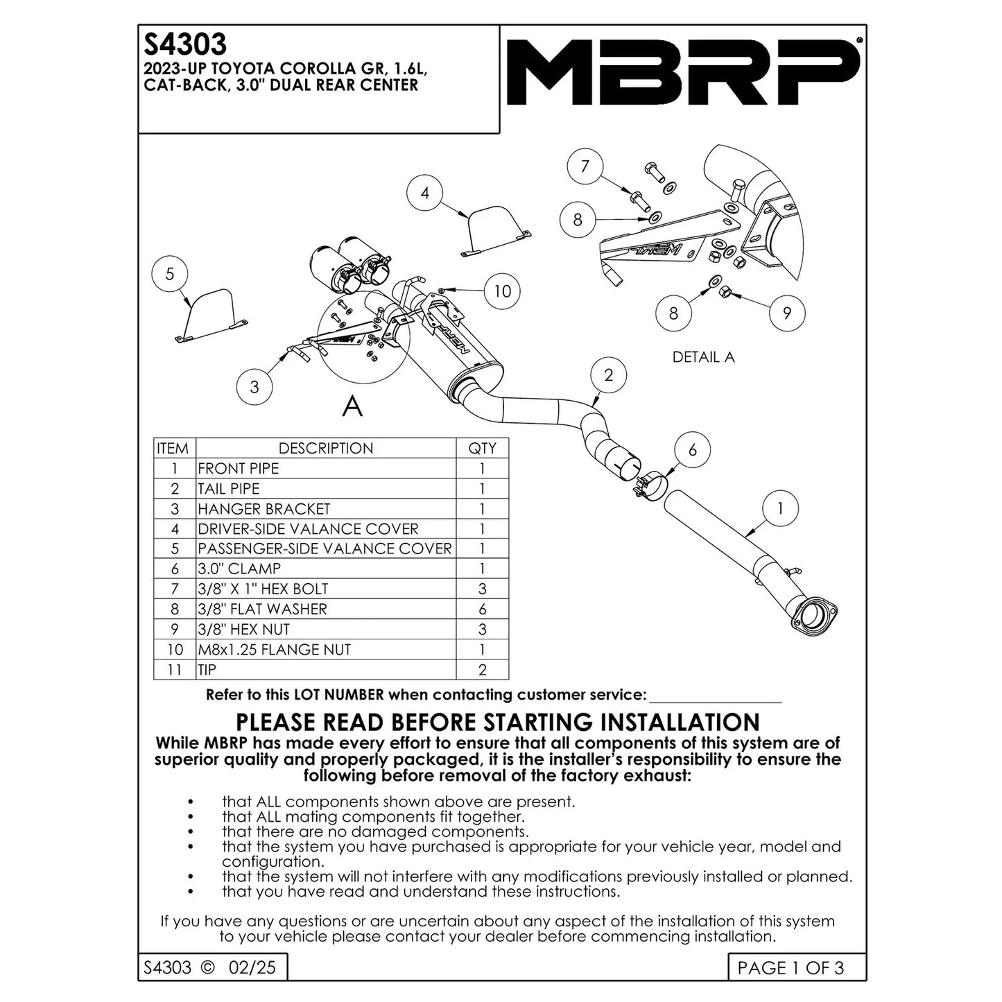 MBRP Stainless Steel 3" Cat-Back - Dual Center Exit | 2023+ Toyota Corolla GR (S4303)