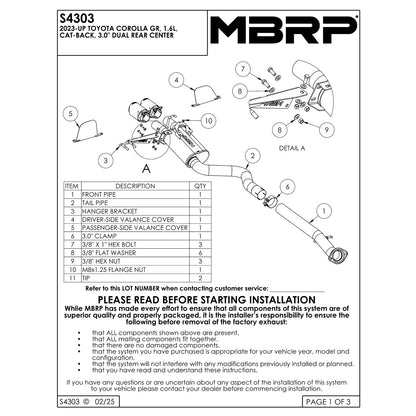 MBRP Stainless Steel 3" Cat-Back - Dual Center Exit | 2023+ Toyota Corolla GR (S4303)