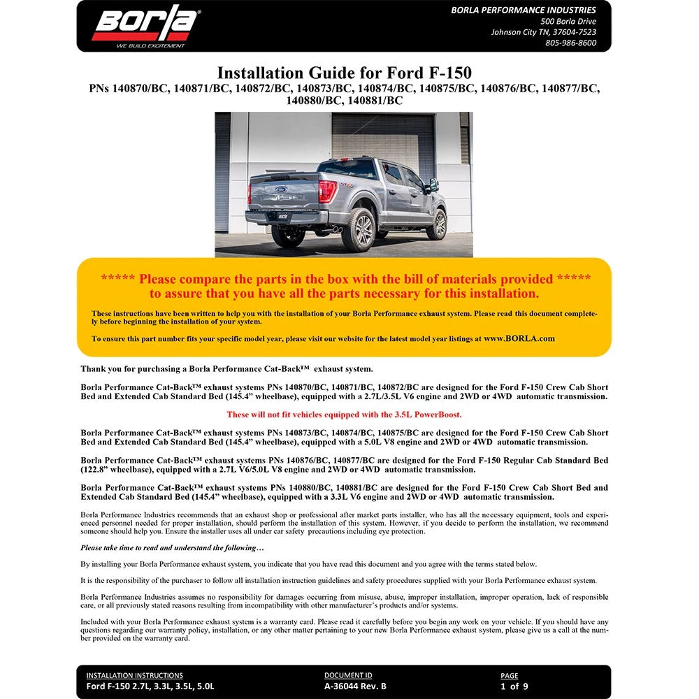 Borla 3" Dual Side Exit Touring Cat-Back | Ford F-150 (21) 2.7L/3.5L | 4dr CC SB EC STB Lar/KingR/Plnm/LTD 3/2.25 DSE CB Tips (140870BC)