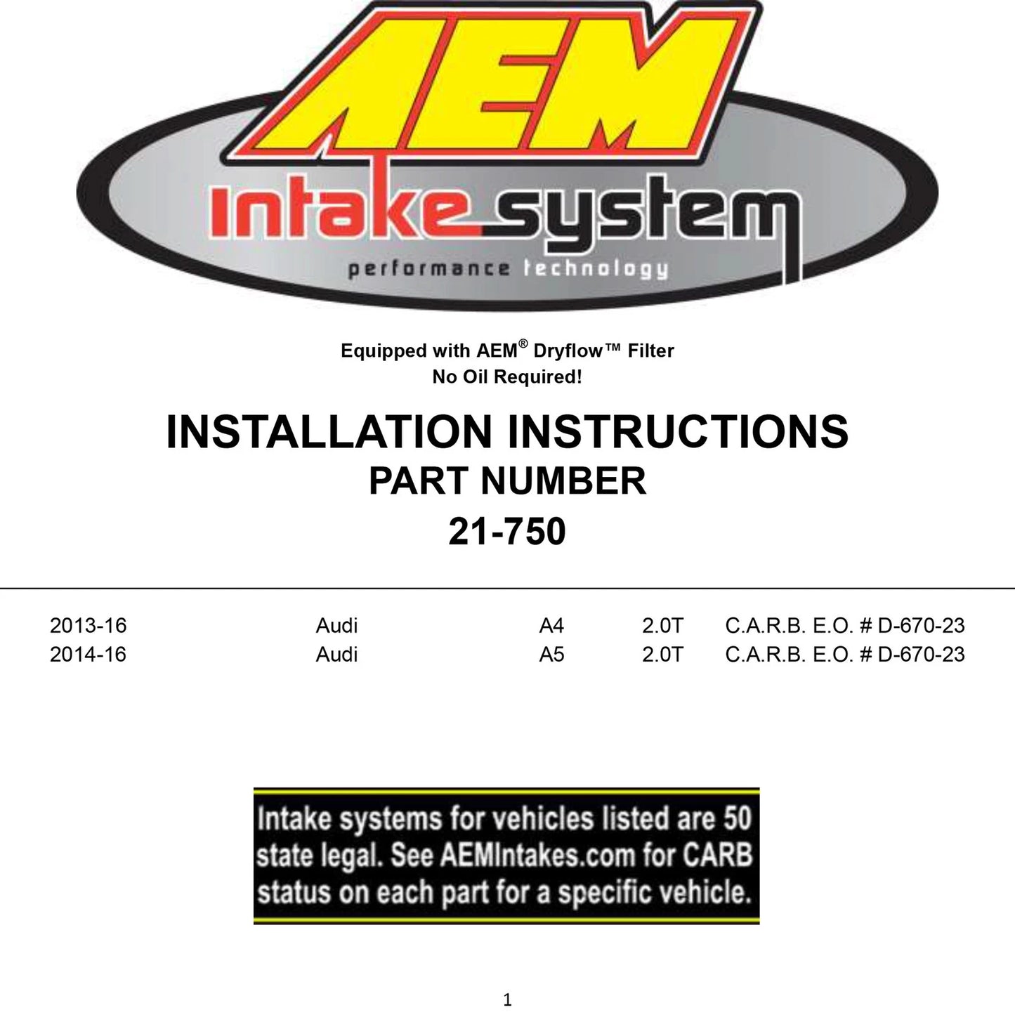 AEM Performance Cold Air Intake | 13-16 Audi A4/A5 2.0L (21-750)