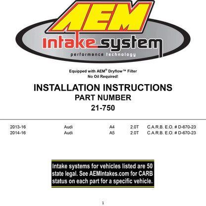 AEM Performance Cold Air Intake | 13-16 Audi A4/A5 2.0L (21-750)