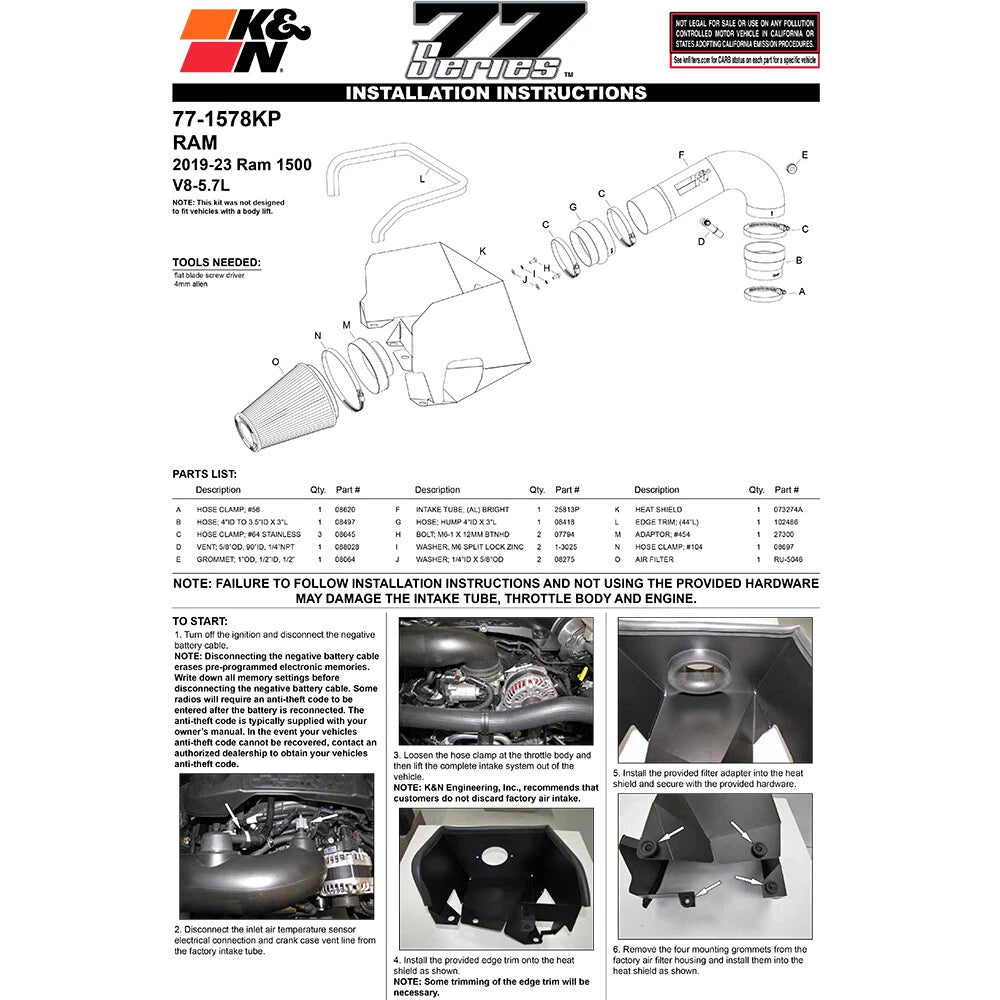 K&N High Flow Performance Kit | Dodge Ram 1500 (19) (77-1578KP)