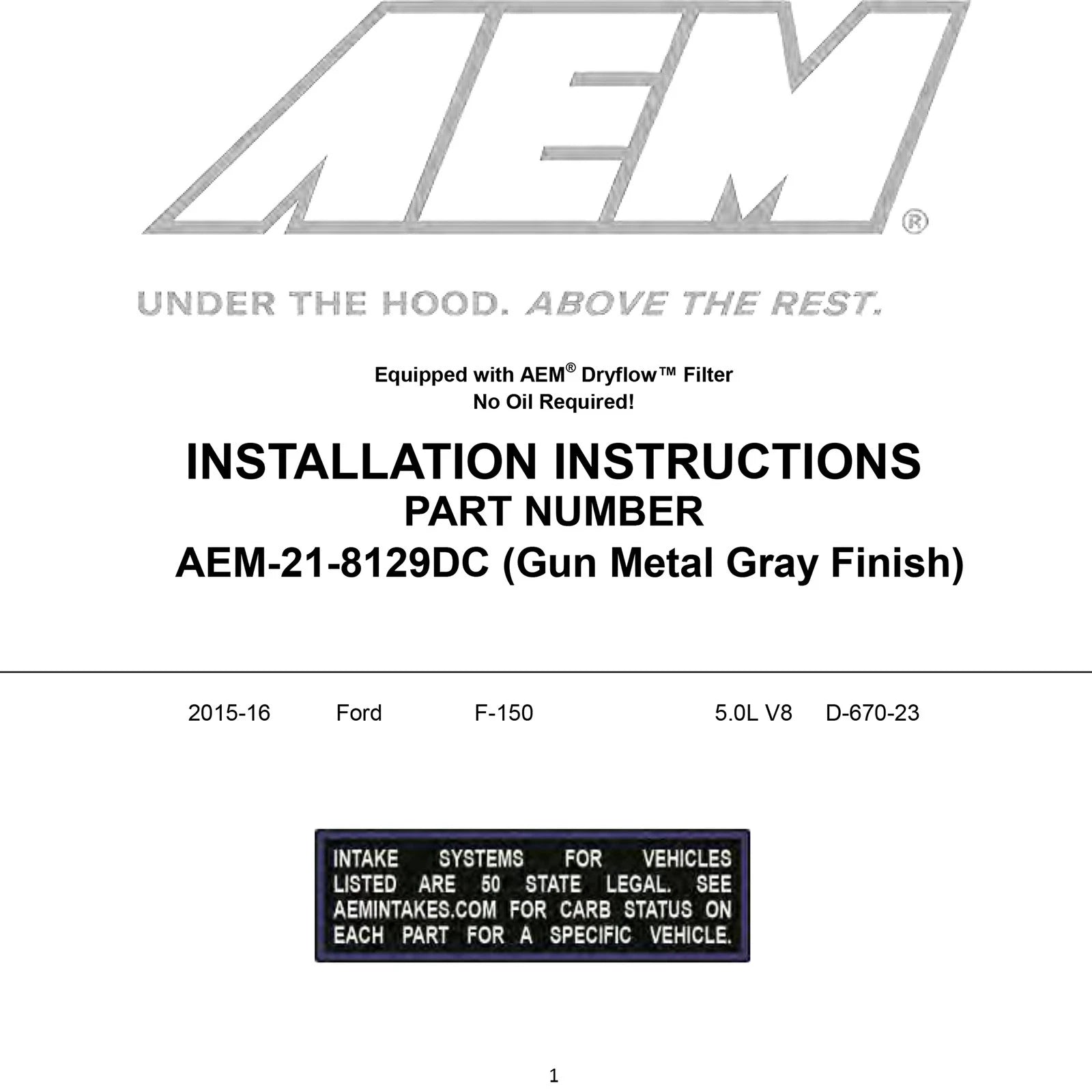 AEM 5.0L V8 Cold Air Intake System | Ford F-150 (15) (21-8129DC)