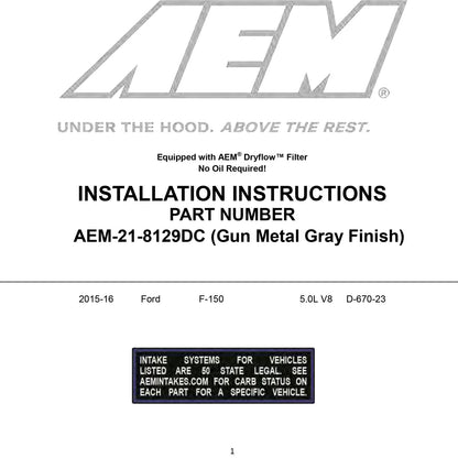 AEM 5.0L V8 Cold Air Intake System | Ford F-150 (15) (21-8129DC)