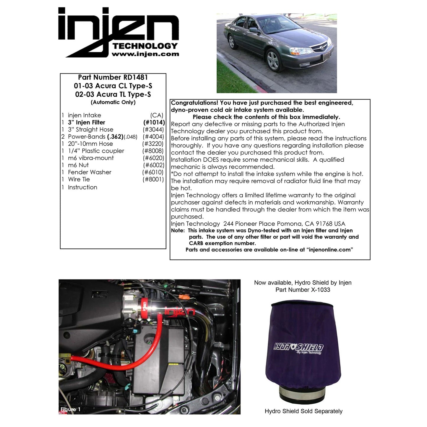 Injen Black Cold Air Intake System | Acura CL (01-03) / TL (02-03) (RD1481BLK)