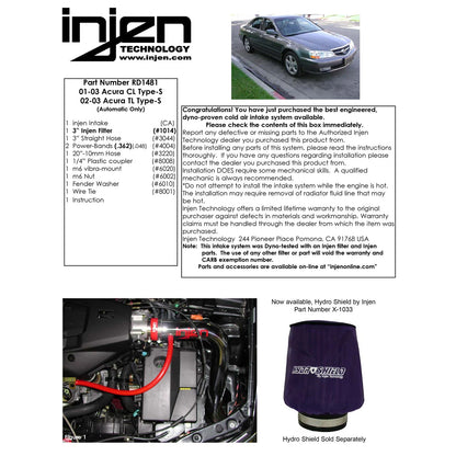 Injen Black Cold Air Intake System | Acura CL (01-03) / TL (02-03) (RD1481BLK)