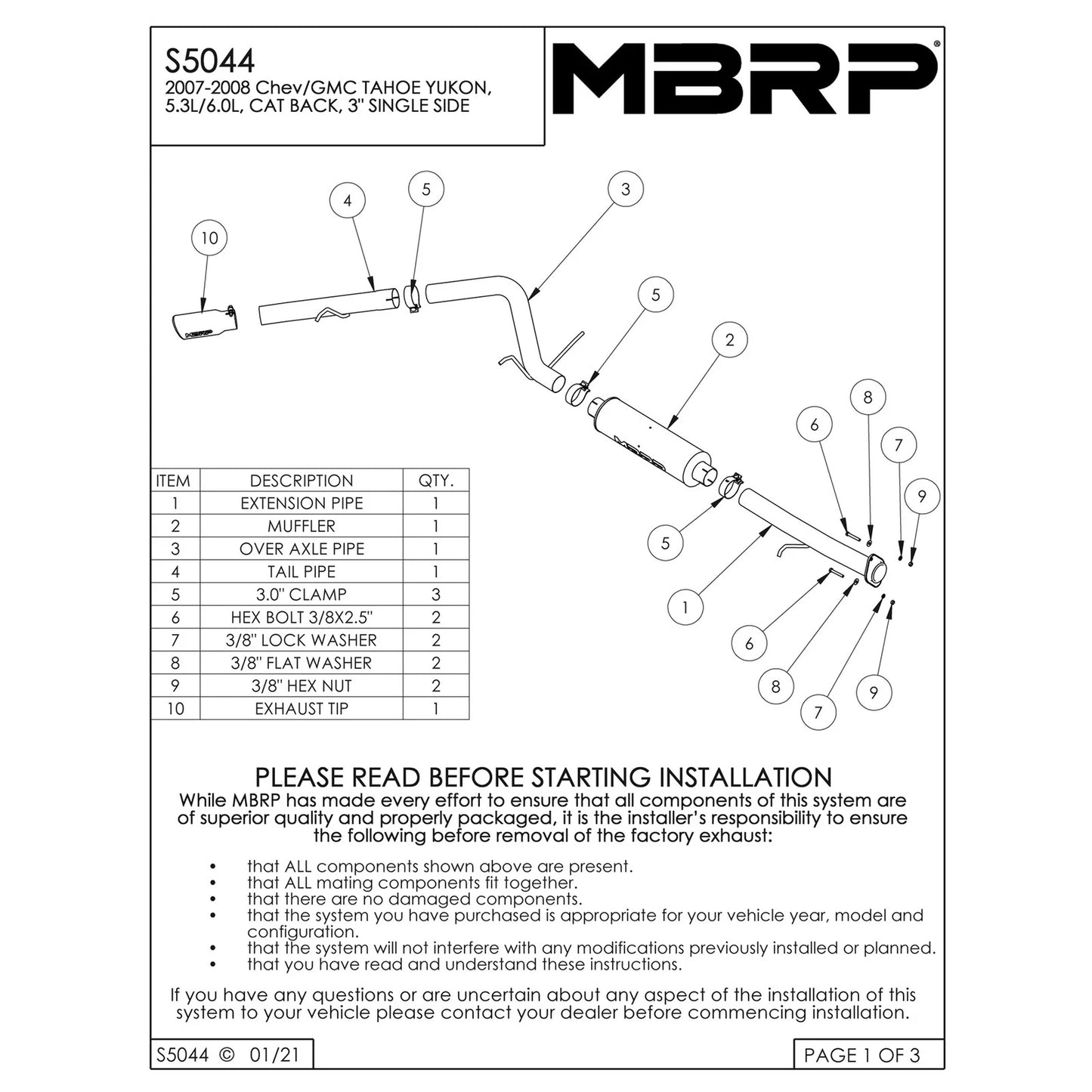 MBRP 3in. Cat-Back Single Side Exit Exhaust | Chevy/GMC Yukon/Tahoe 5.3L (07) (S5044409)