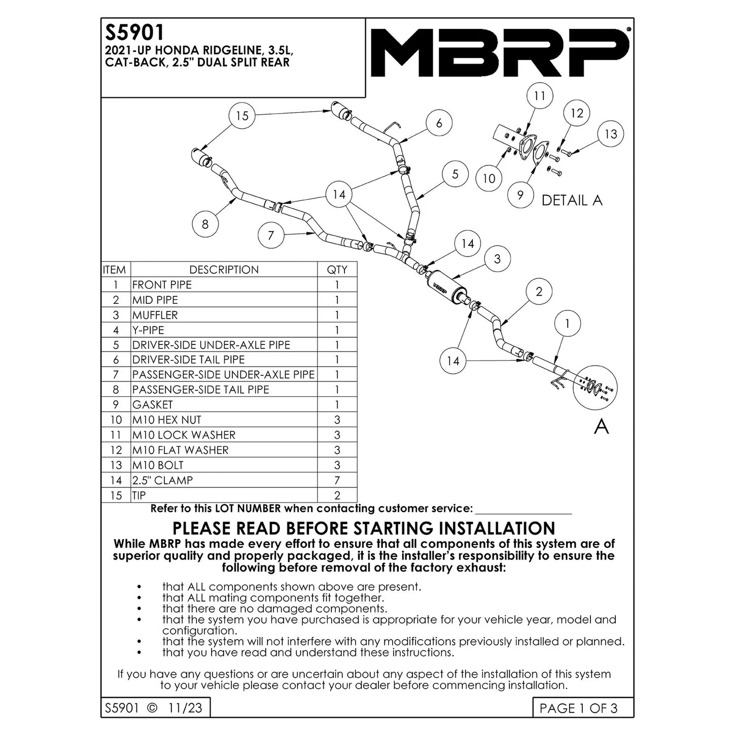 MBRP T304 SS 2.5in Cat-Back Dual Split Rear Exit Exhaust | Honda Ridgeline (21-22) (S5901304)