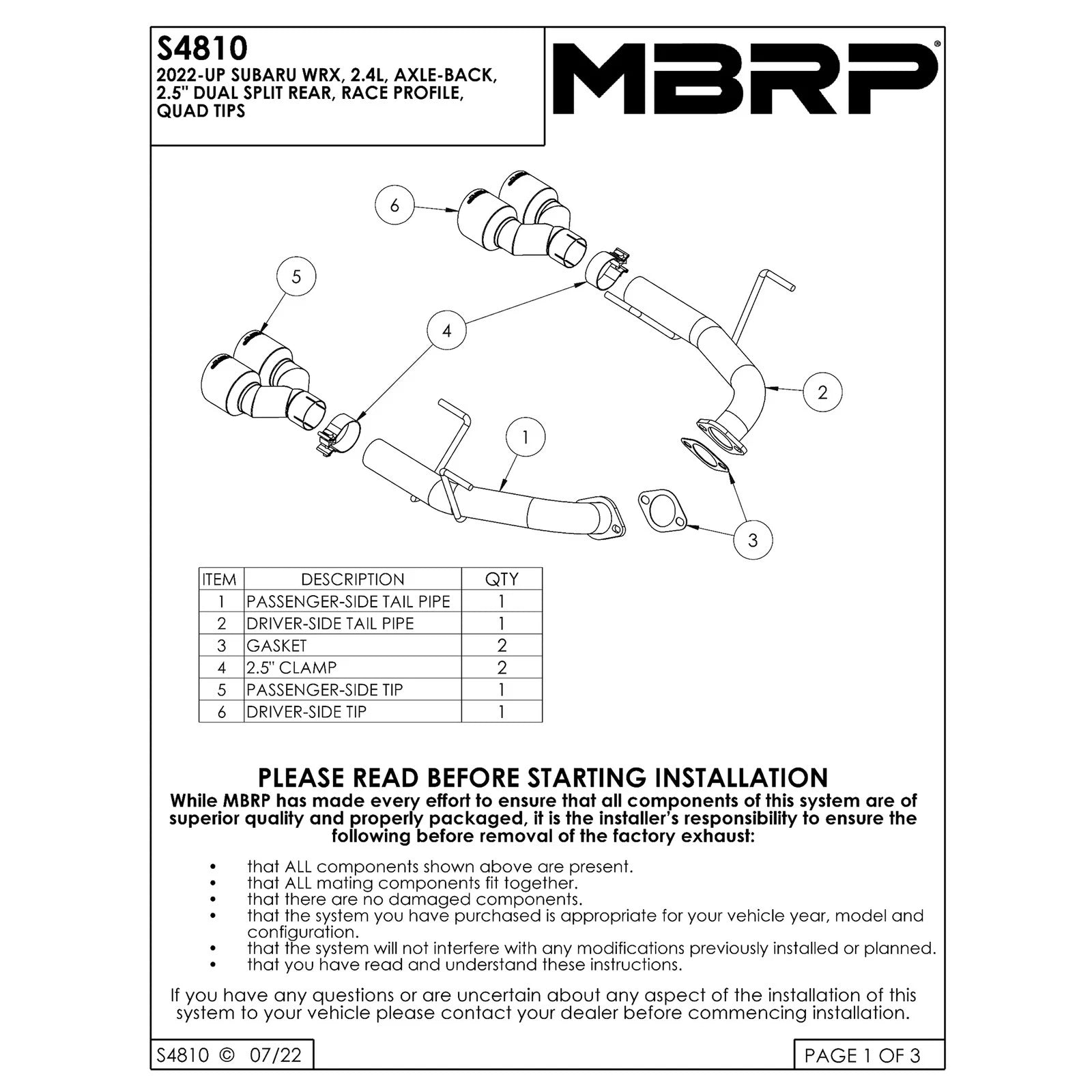 MBRP Dual Split Axleback Exhaust with Quad Tips | 2022+ Subaru WRX (S48103)