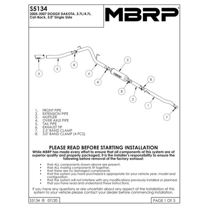 MBRP 3in. Cat-Back Single Side Exit | Dodge Dakota 3.7L/4.7L (05-07) (S5134AL)