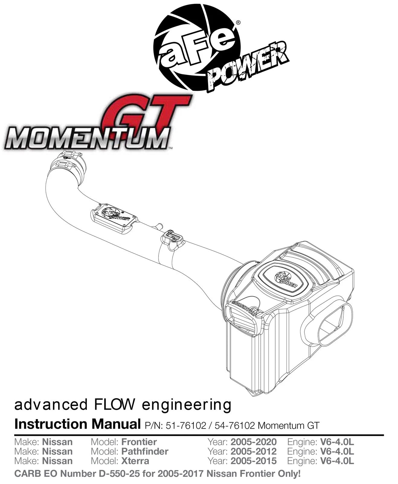 aFe Momentum GT Cold Air Intake System w/ Pro DRY S Filter | Nissan Xterra (05-15) (51-76102)