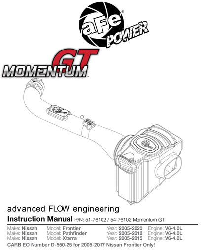 aFe Momentum GT Cold Air Intake System w/ Pro DRY S Filter | Nissan Xterra (05-15) (51-76102)