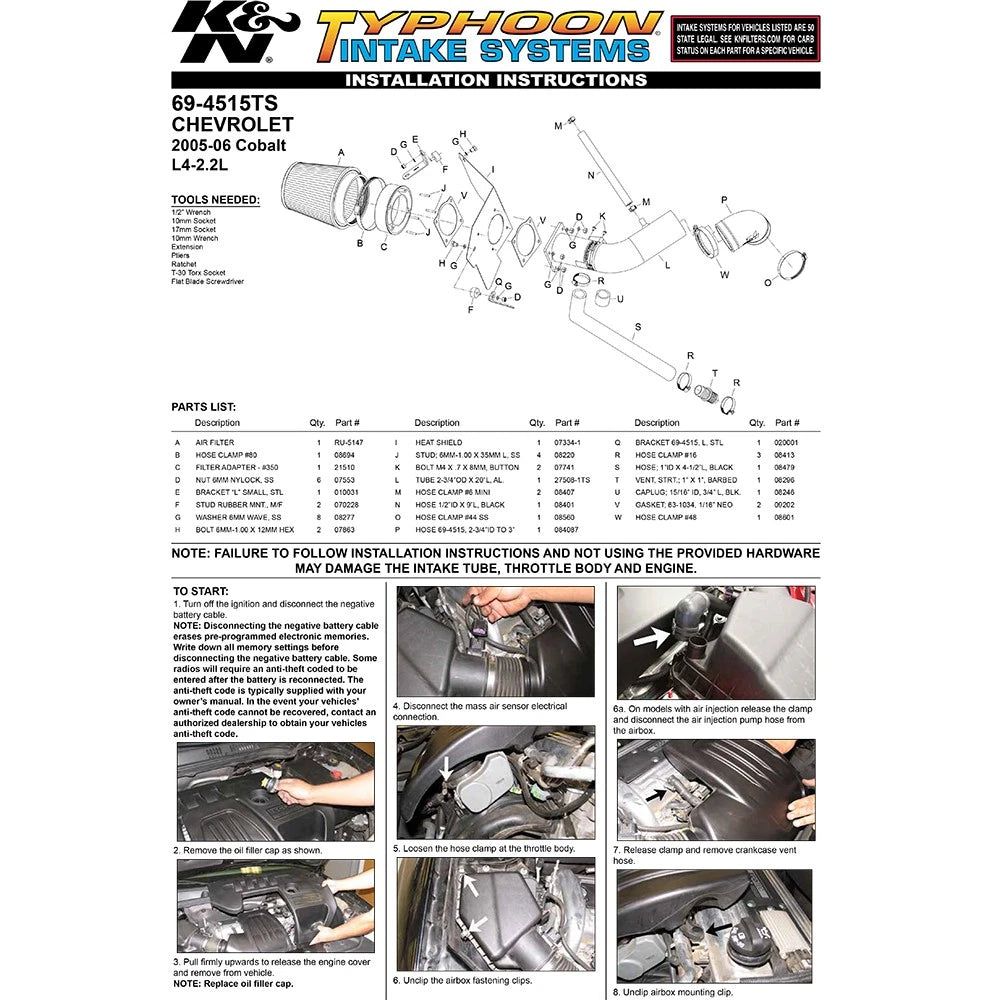 K&N Engineering Silver Typhoon Short Ram Intake: Chevy Cobalt 2005 - 2009 2.2L