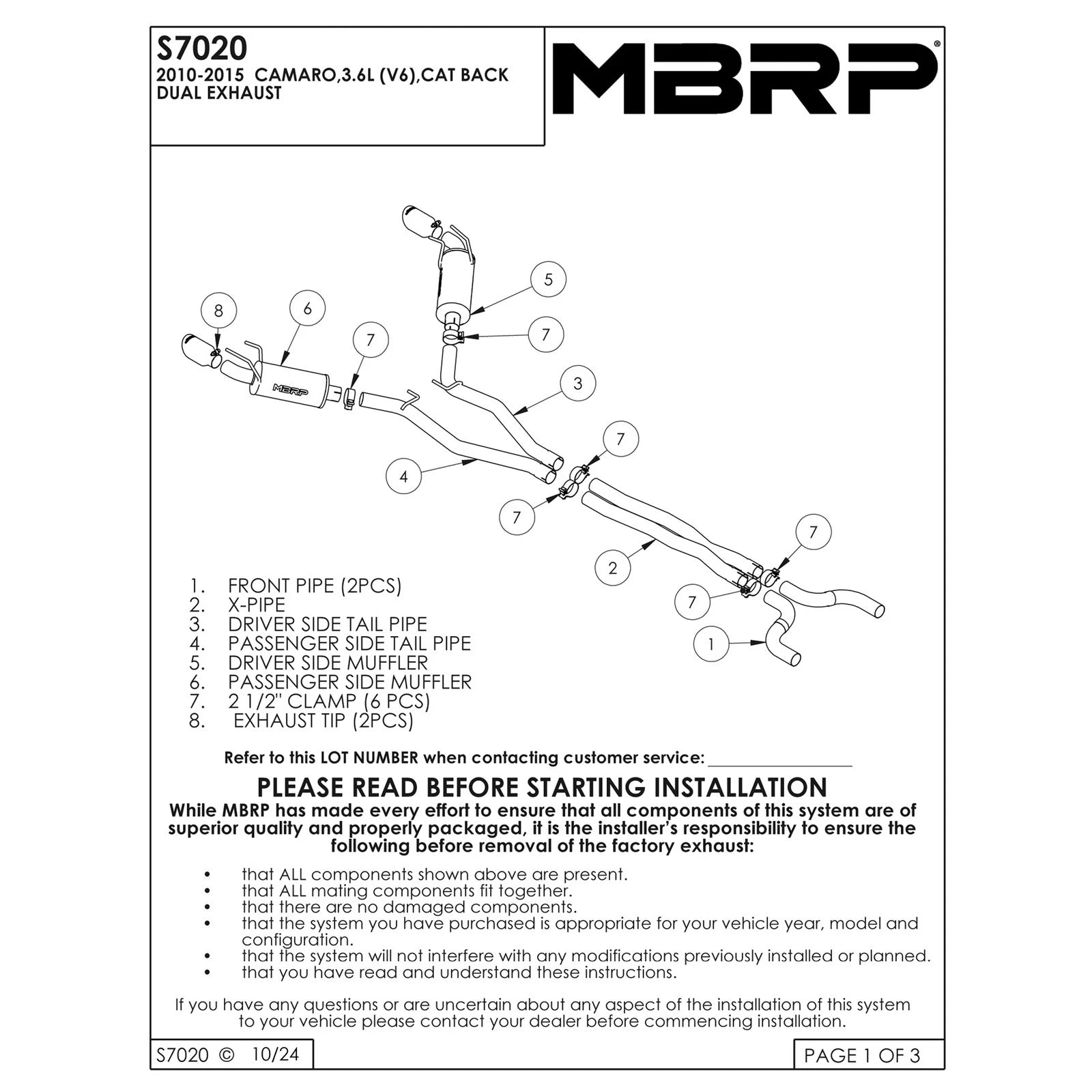 MBRP 2.5in. Dual Cat-Back Exhaust w/ Round Tips | Chevrolet Camaro V6 3.6L (2010) (S7020304)