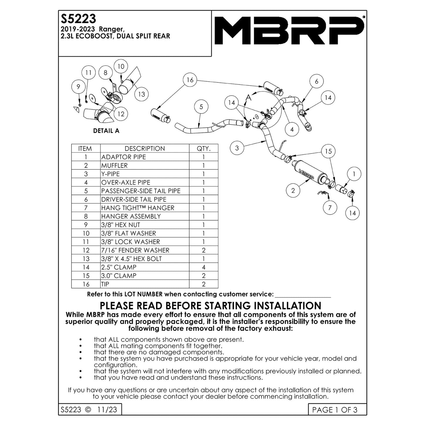MBRP 3in D&S Cat-Back Exhaust w/ Dual Split & 4in OD Tips | Ford Ranger 19-23 (S5223304)