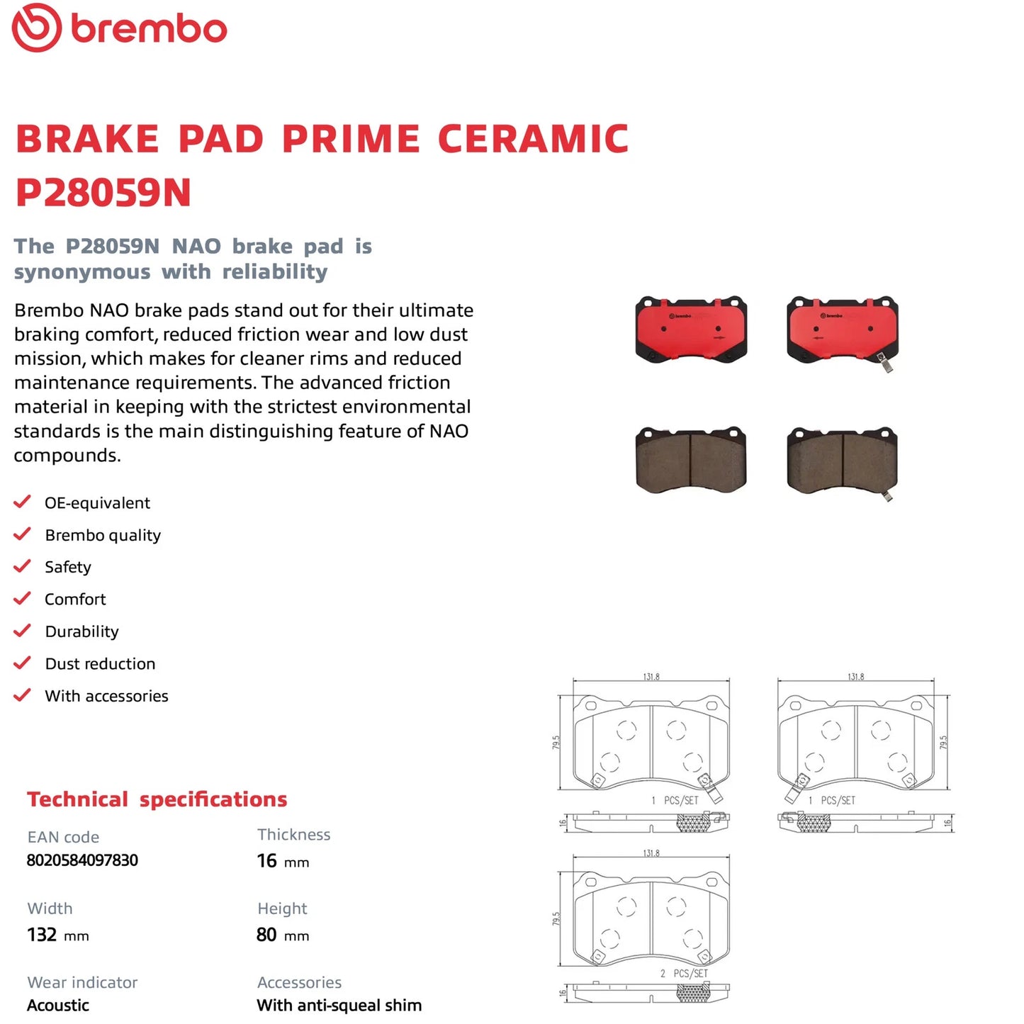 Brembo 04-08 Acura TL Front Premium NAO Ceramic OE Equivalent Pad