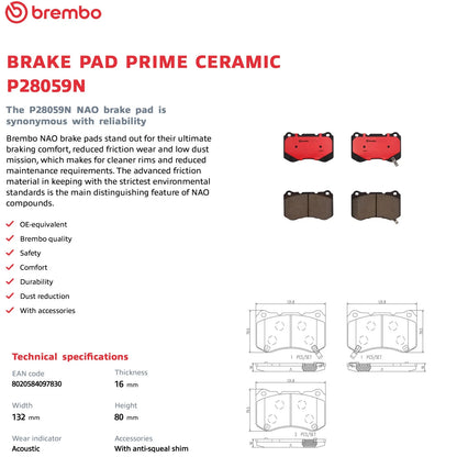 Brembo 04-08 Acura TL Front Premium NAO Ceramic OE Equivalent Pad
