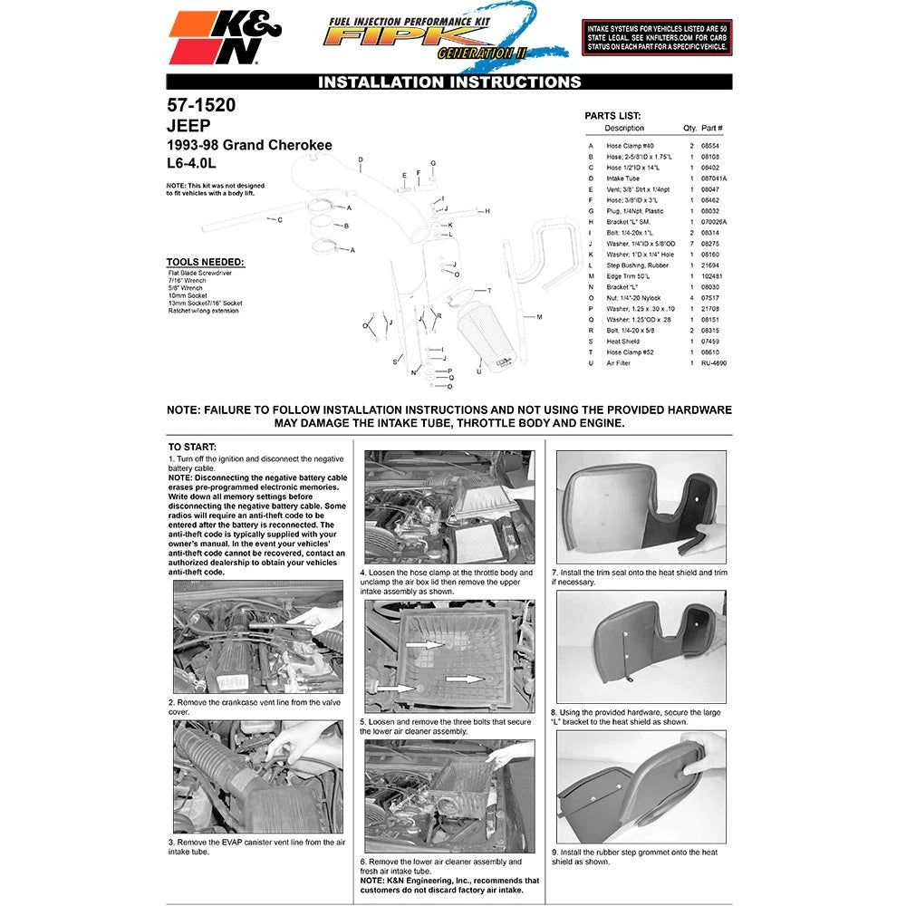 K&N Engineering Performance Intake Kit: Jeep Grand Cherokee L6-4.0L 1993 - 1998