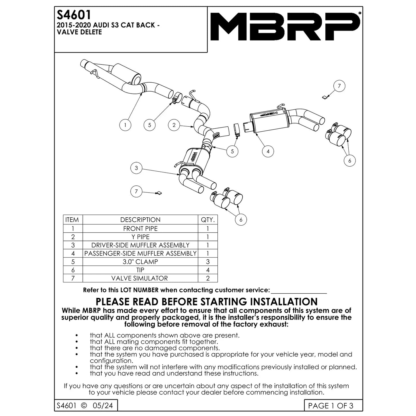 MBRP Pro Series 3" T304 Cat-Back Exhaust | 2015-2020 Audi S3 (S4601304)