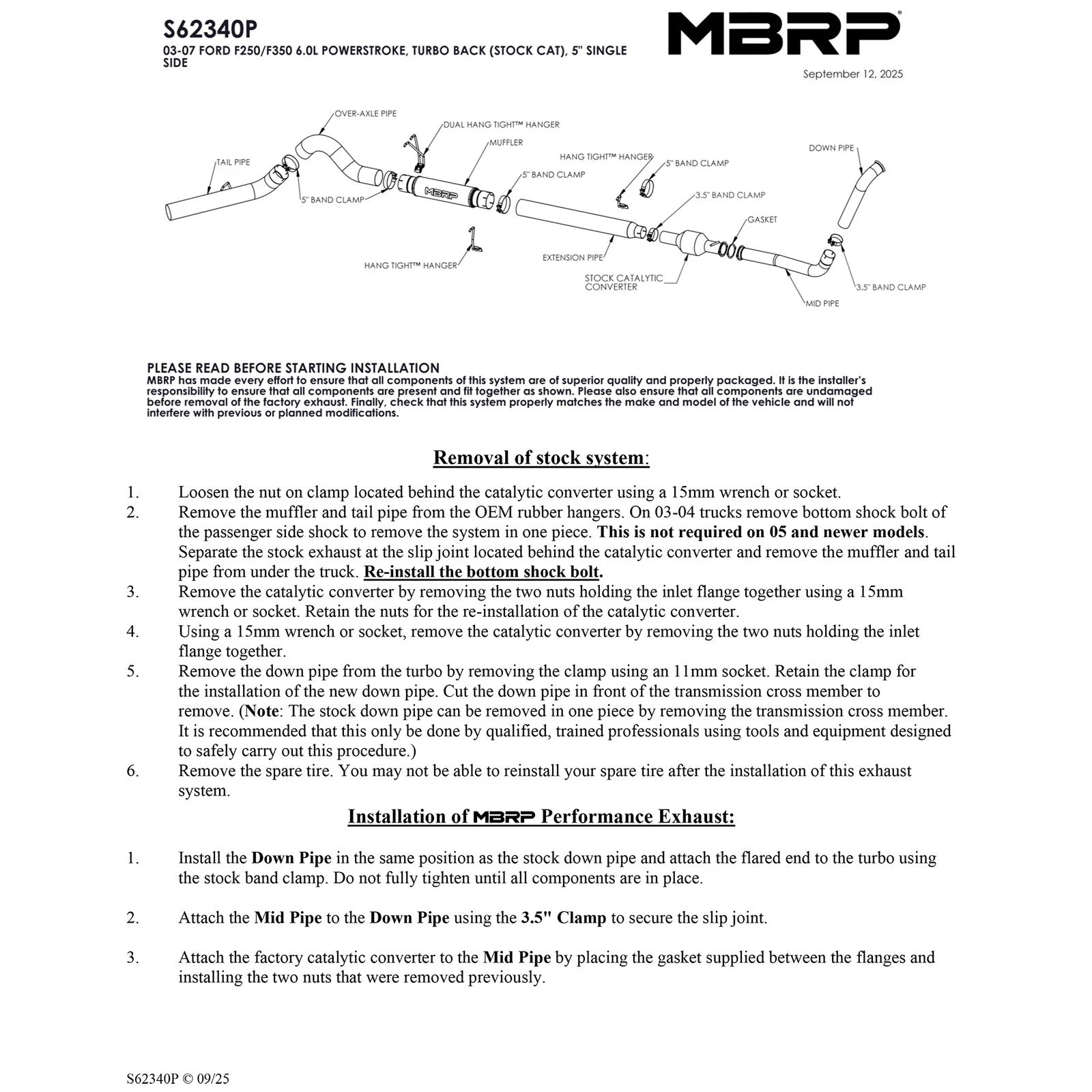 MBRP 5in Turbo Back Exhaust w/ Stock Cat Single Side Exit | Ford F-250/350 6.0L EC/CC (S62340P)