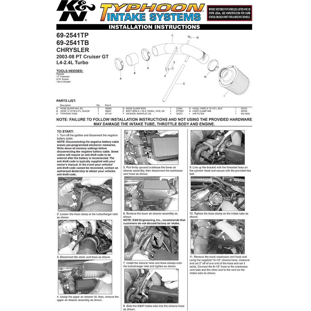 K&N Typhoon Blue Performance Intake Kit | Chrysler PT Cruiser (03) (69-2541TB)