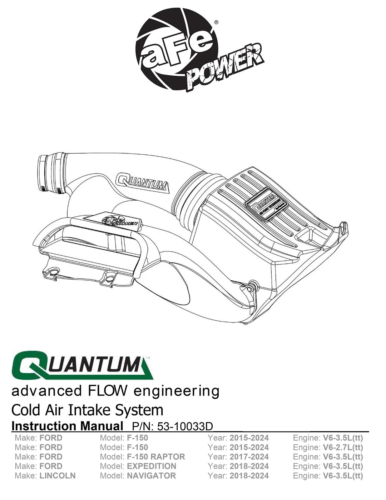 aFe Quantum Cold Air Intake w/ Pro DRY S Filter | Ford F-150 EcoBoost V6 2.7L/3.5L (15-24) (53-10033D)