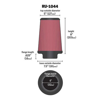 K&N RU-1044 Universal Round Tapered Performance Washable Air Filter for Intake