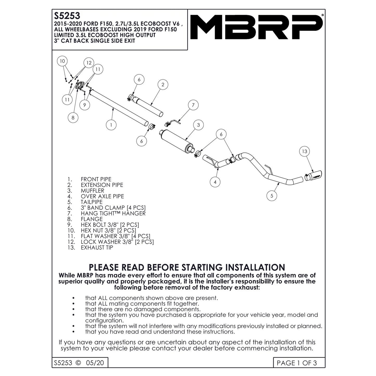 MBRP 3in Cat-Back Single Side Alum Exhaust System | Ford F-150 2.7L / 3.5L EcoBoost (15) (S5253AL)