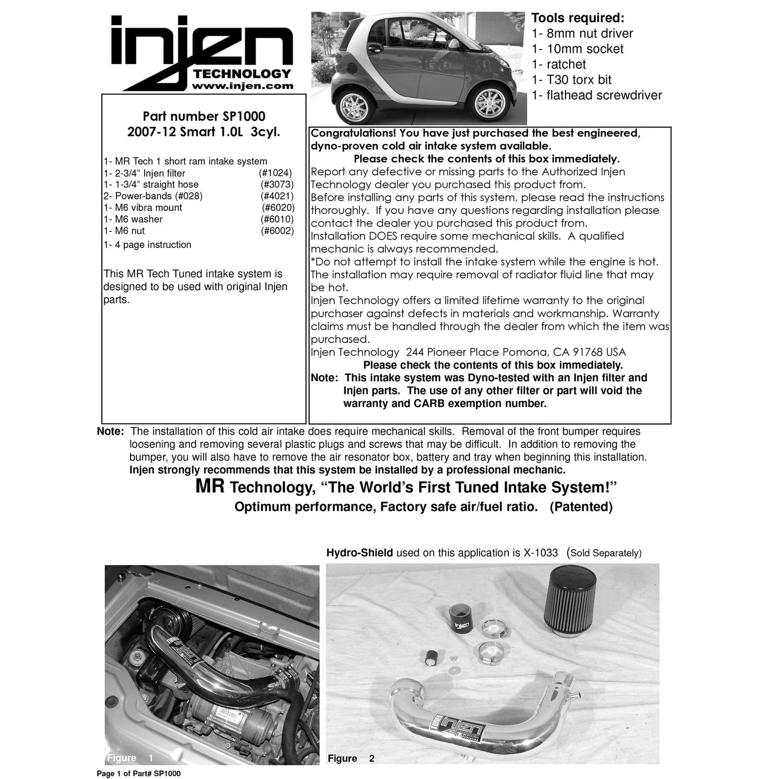 Injen 07-12 Fortwo 1.0L L3 Polished Short Ram Air Intake w/ MR Tech | Smart Fortwo II (W451) (SP1000P)
