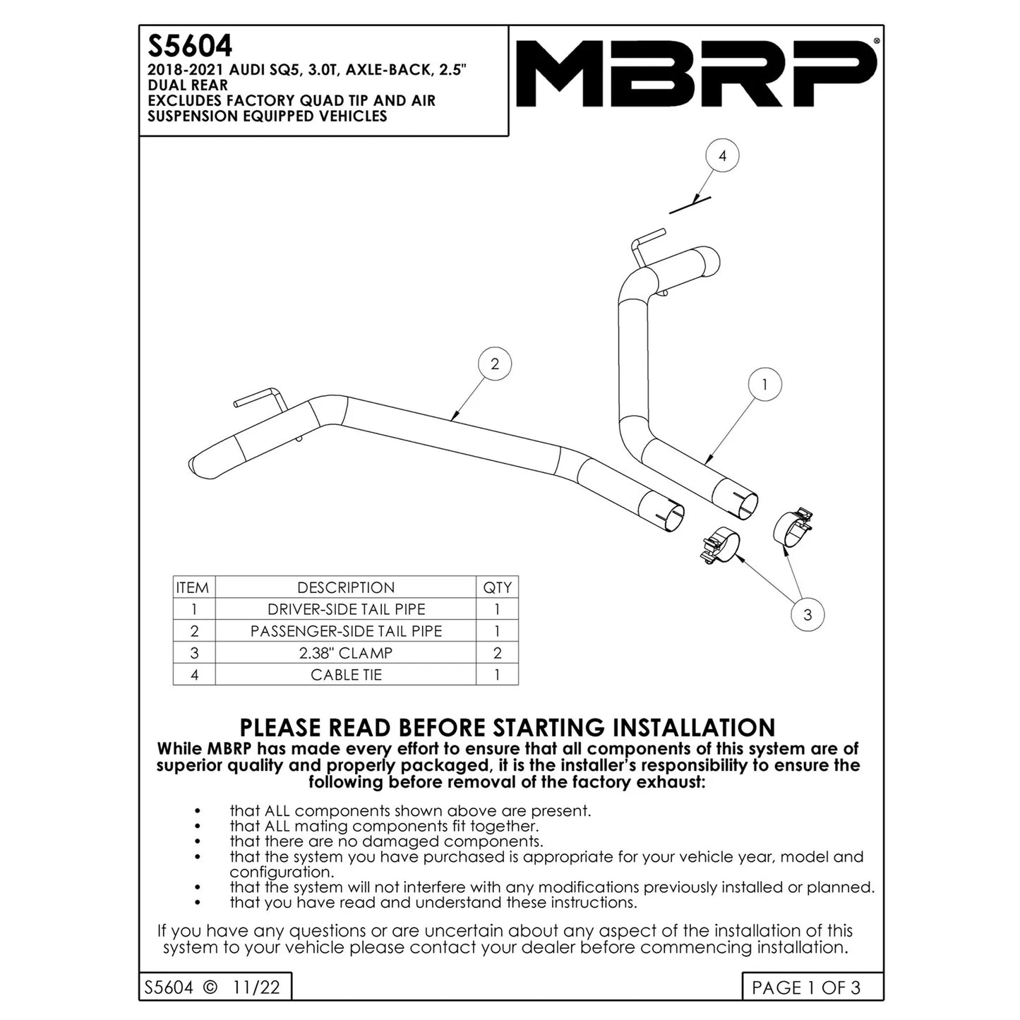 MBRP 2.5in Axle-Back Dual Rear Exit Exhaust | Audi SQ5 3.0T (18-21) T304 (S5604304)