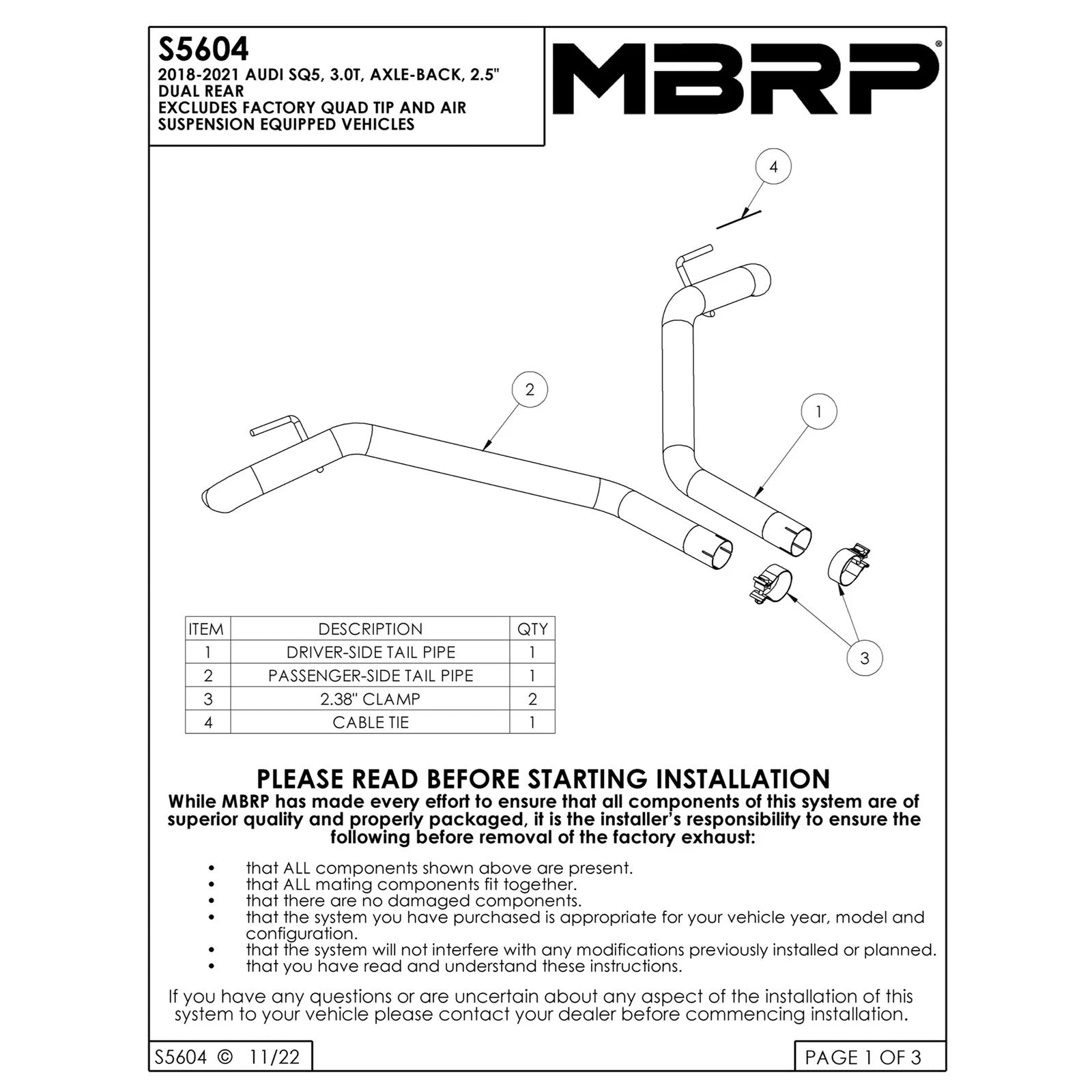 MBRP 2.5in Axle-Back Dual Rear Exit Exhaust | Audi SQ5 3.0T (18-21) T304 (S5604304)