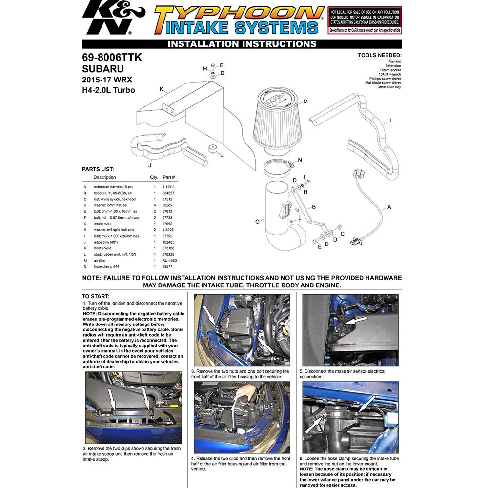 K&N 2015 WRX Black Typhoon Short Ram Intake | Subaru Impreza/WRX (07-21) (69-8006TTK)