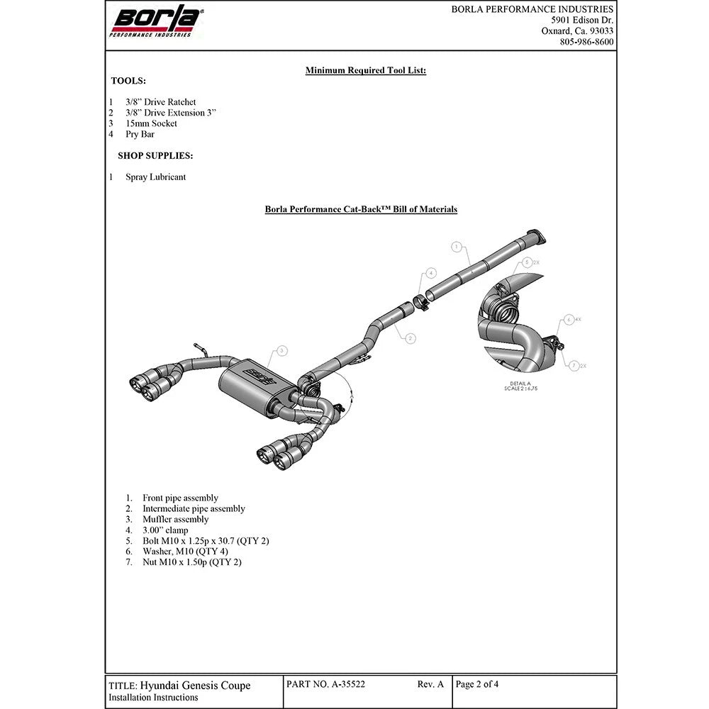 Borla Cat-Back Exhaust System - S-Type | 2010-2014 Hyundai Genesis Coupe 2.0L (140350)