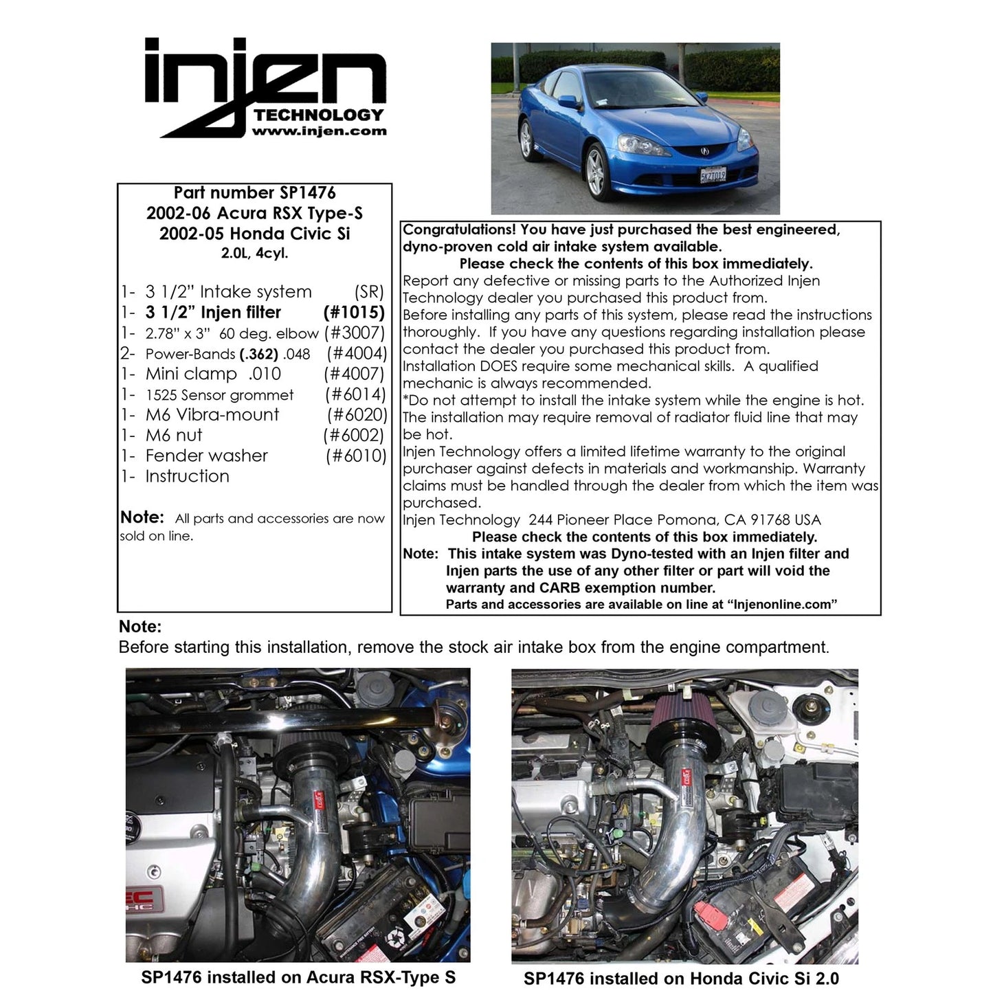 Injen Polished Short Ram Intake System | Honda Civic Si (02-05) / RSX Type S (02-06) (SP1476P)
