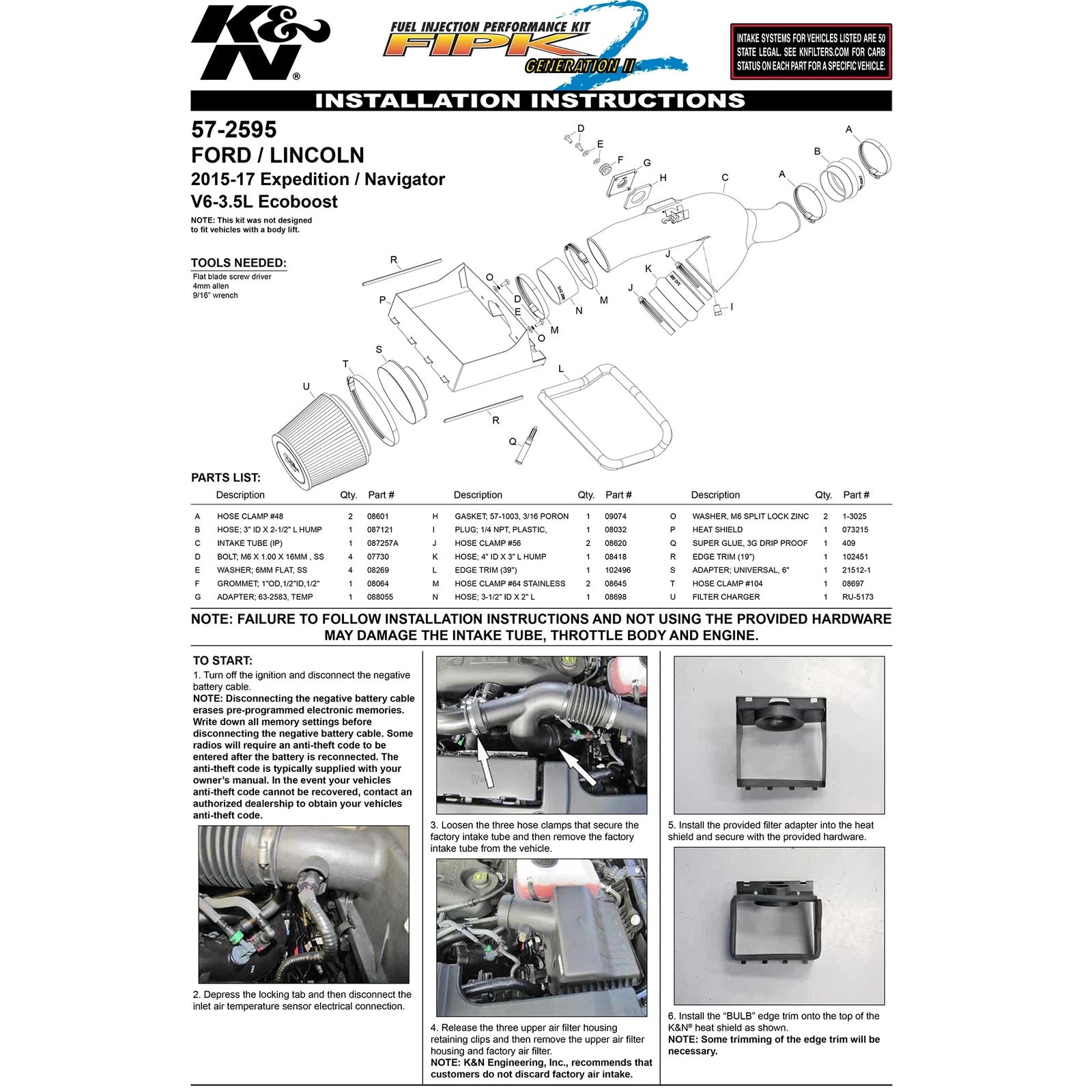 K&N Performance Intake Kit | Ford Expedition / Lincoln Navigator (15-16) 3.5L V6 F/I (57-2595)