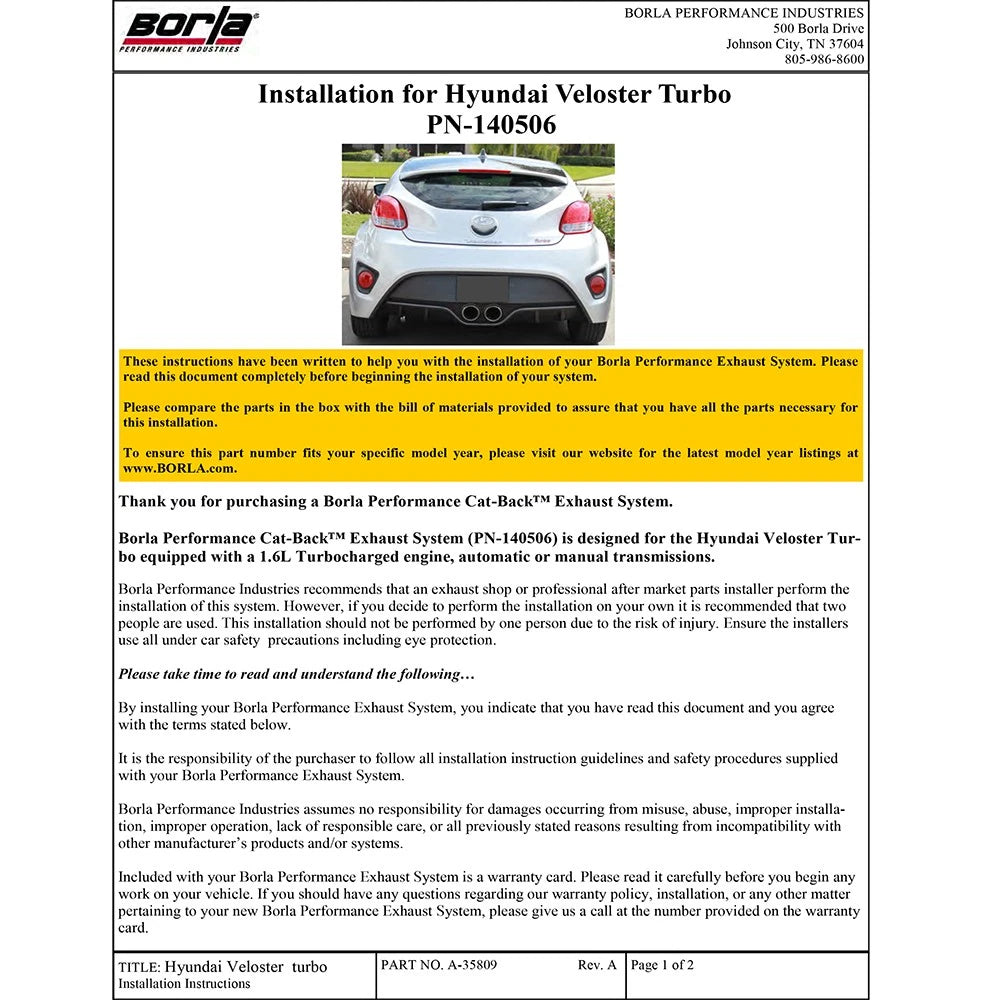 Borla Type S Cat-Back Exhaust System | 2013-2017 Hyundai Veloster (140506)