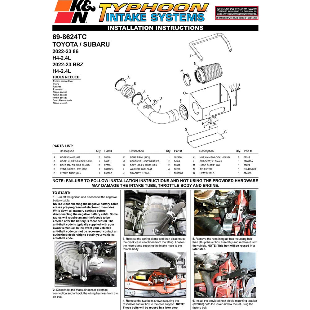 K&N 2022 Subaru BRZ 2.4L Typhoon Performance Air Intake System | Subaru BRZ (69-8624TC)