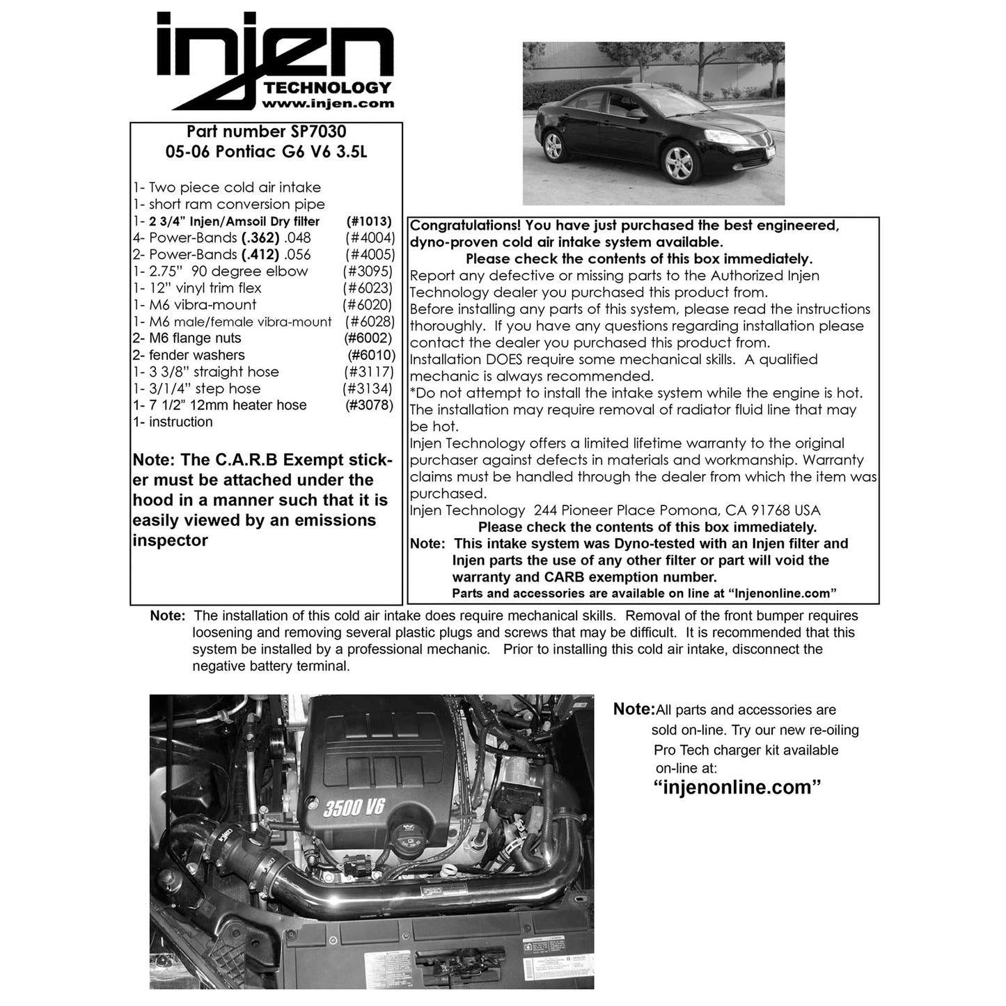 Injen Black Cold Air Intake System | Pontiac G6 3.5L V6 (05-07) (SP7030BLK)