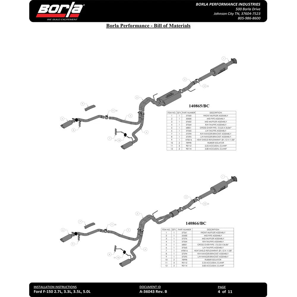 Borla 3" into dual 2.25" Cat-Back System | Ford F-150 (21) 2.7L/3.5L | Split Rear Exit Black Chrome Tips ATAK