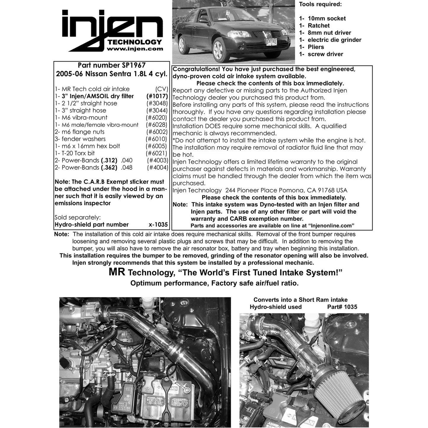 Injen SP Cold Air Intake System | 2005 - 2006 Nissan Sentra (SP1967BLK)