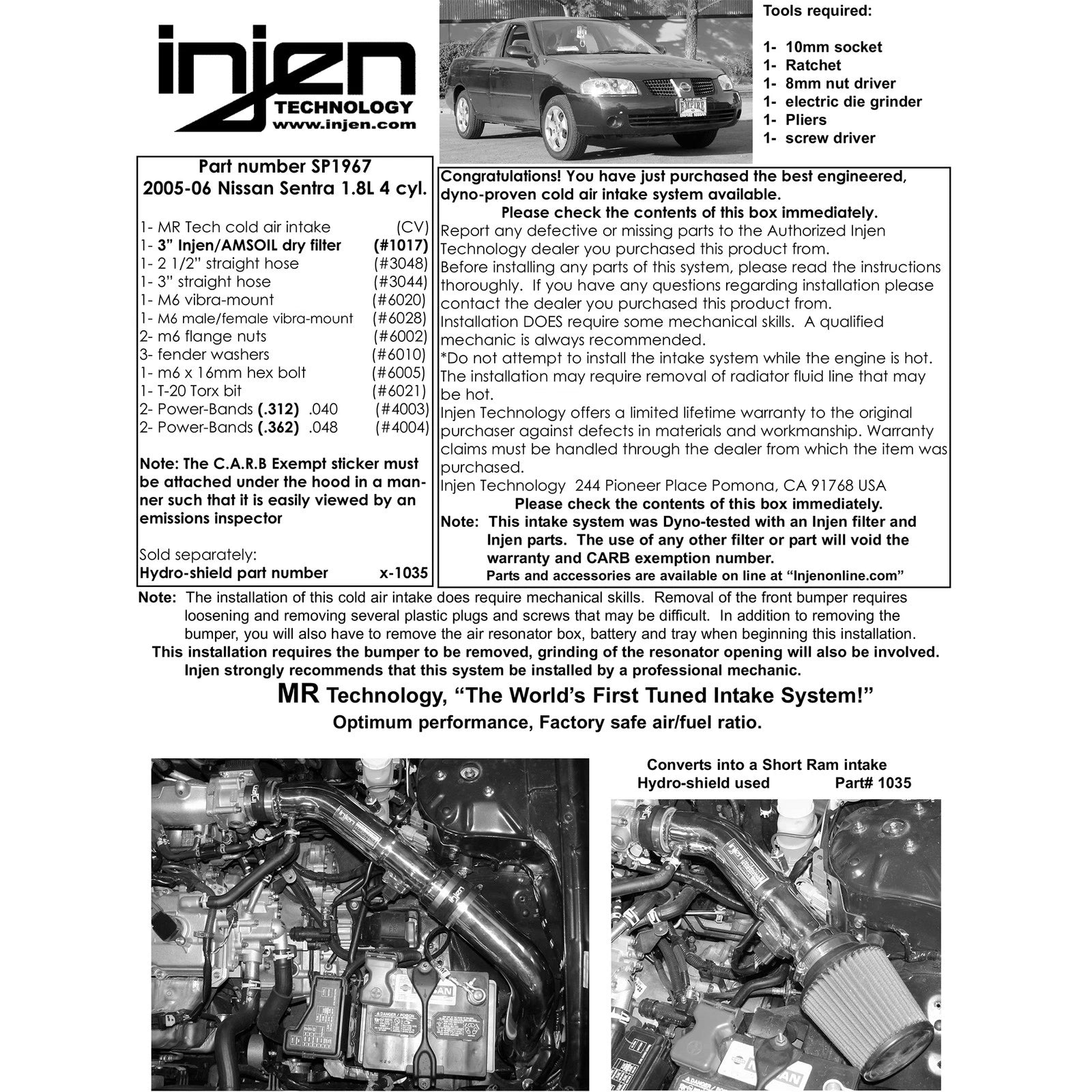 Injen SP Cold Air Intake System | 2005 - 2006 Nissan Sentra (SP1967BLK)