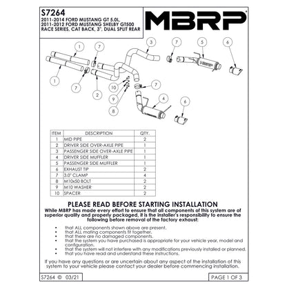 MBRP 3in D&S Rear Cat-Back Race Exhaust | Ford Mustang GT (11-14) (S7264409)
