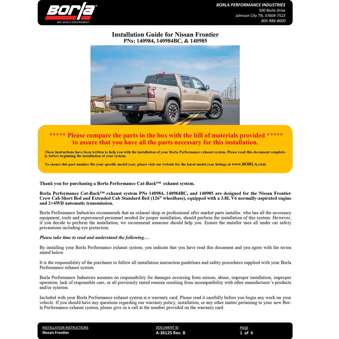 Borla 2.25" S-Type Catback Exhaust | Nissan Frontier 3.8L V6 22-24 Rock Crawler Design (140985)